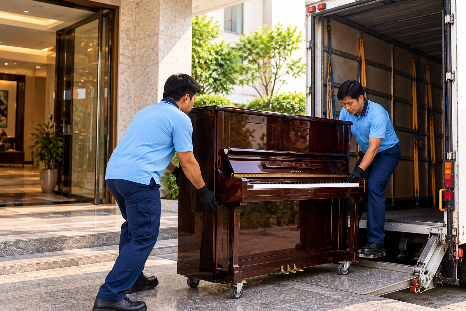 professional movers transporting an upright piano through stairs and a restricted access area