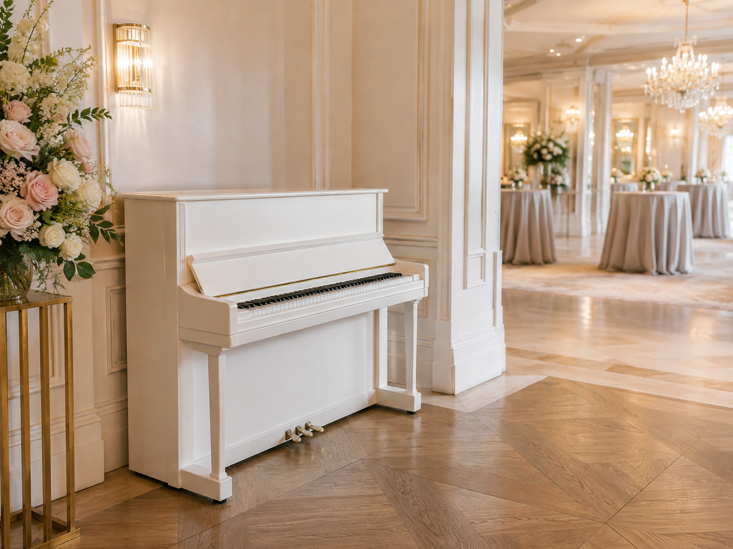 White Upright Piano for a wedding reception or cocktail area