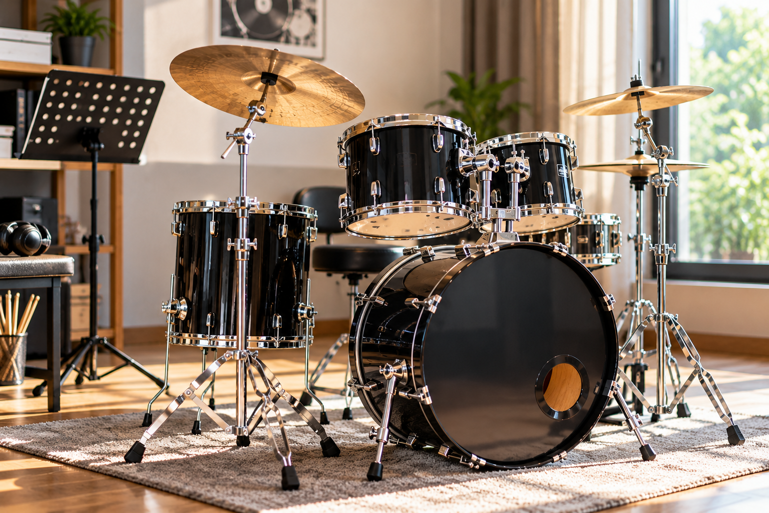 beginner drum set in a home practice space