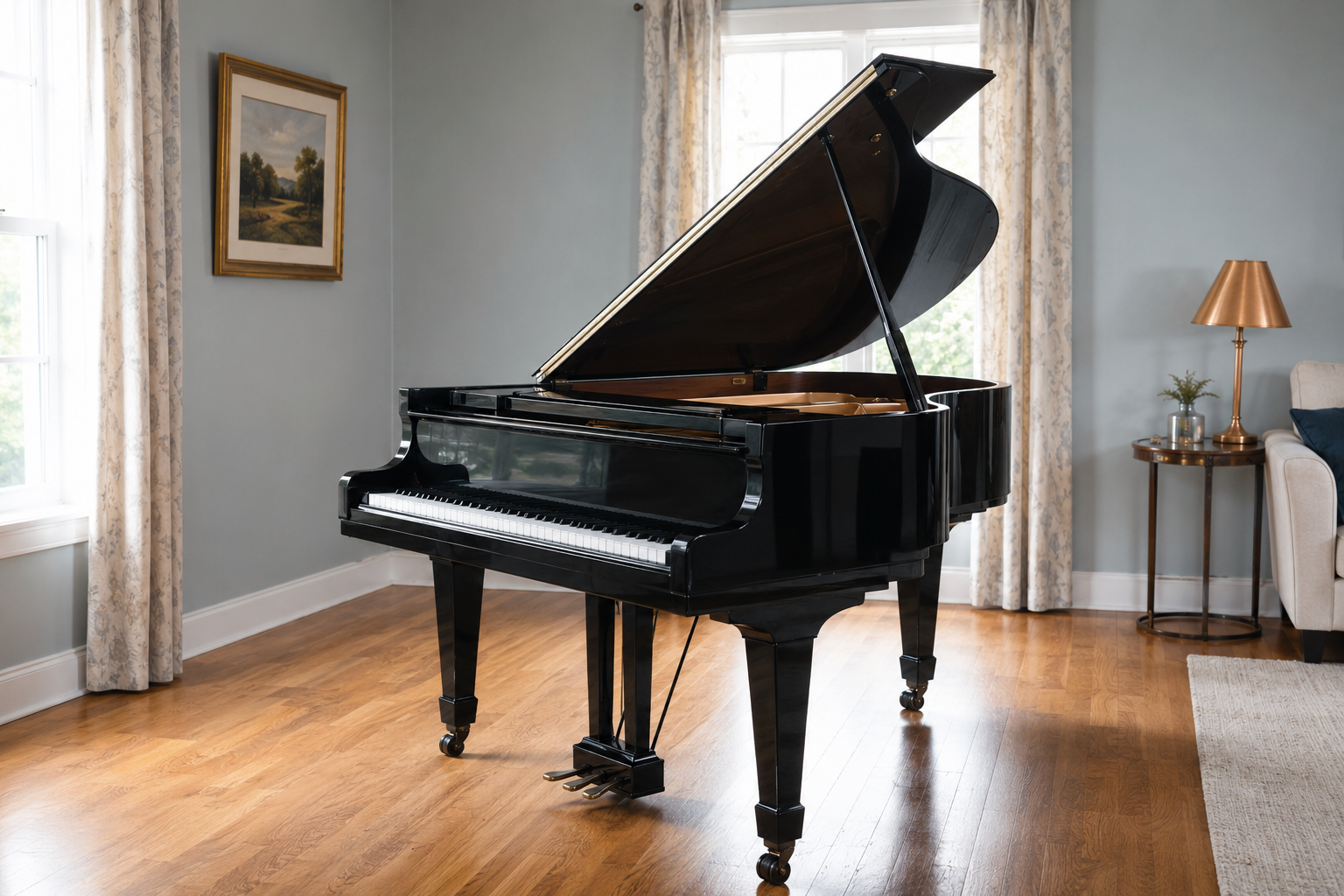 Open-lid baby grand piano in a living room with suitable placement space