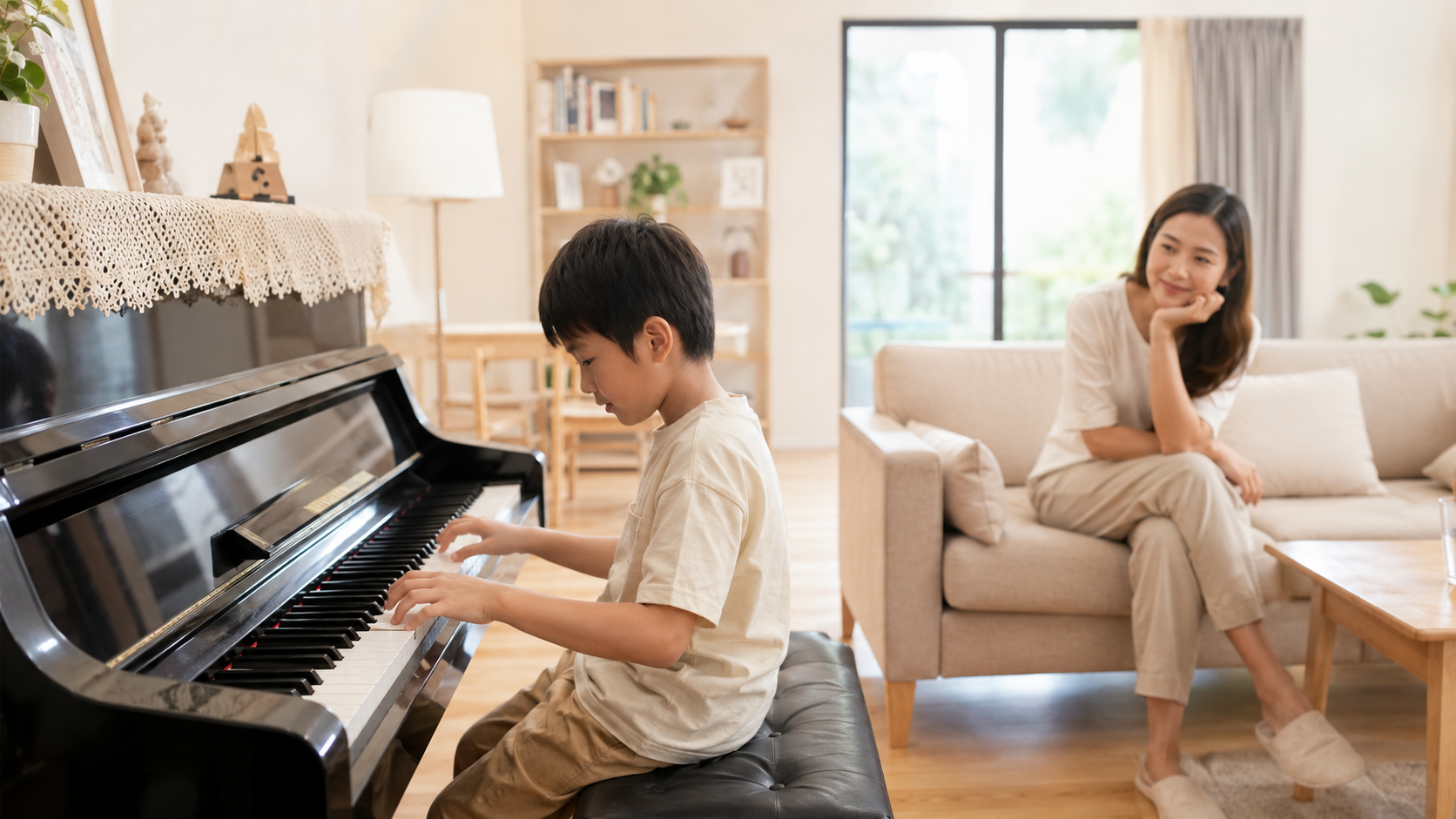 A beginner practising on an acoustic piano at home