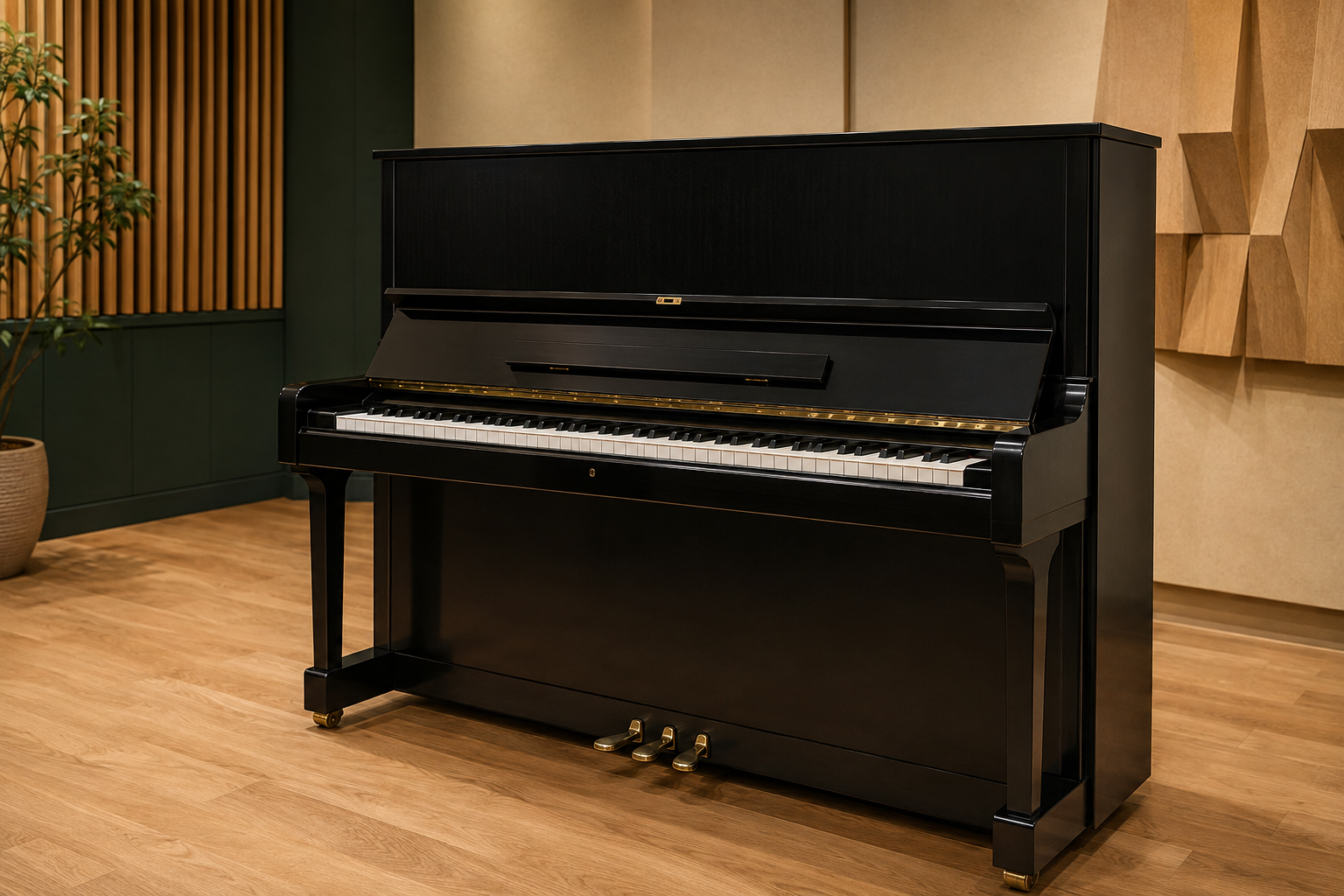 Higher-model reconditioned Yamaha upright piano in a piano showroom