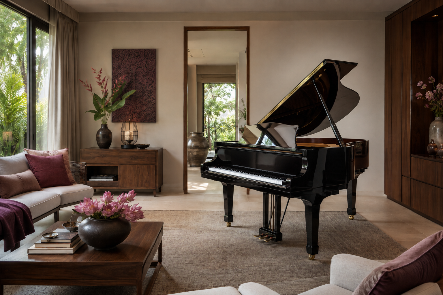Classic GPX-152 grand piano displayed as a focal point inside a home