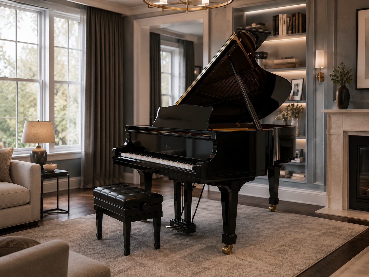 Grand Piano in a home interior showing how to choose a piano size that suits the available room