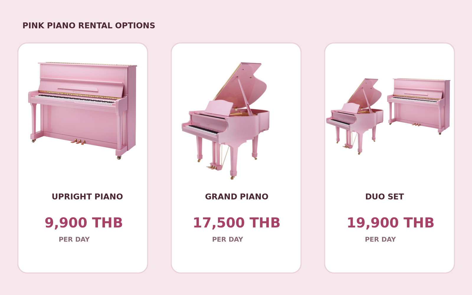 Pink grand piano and upright piano available for daily rental