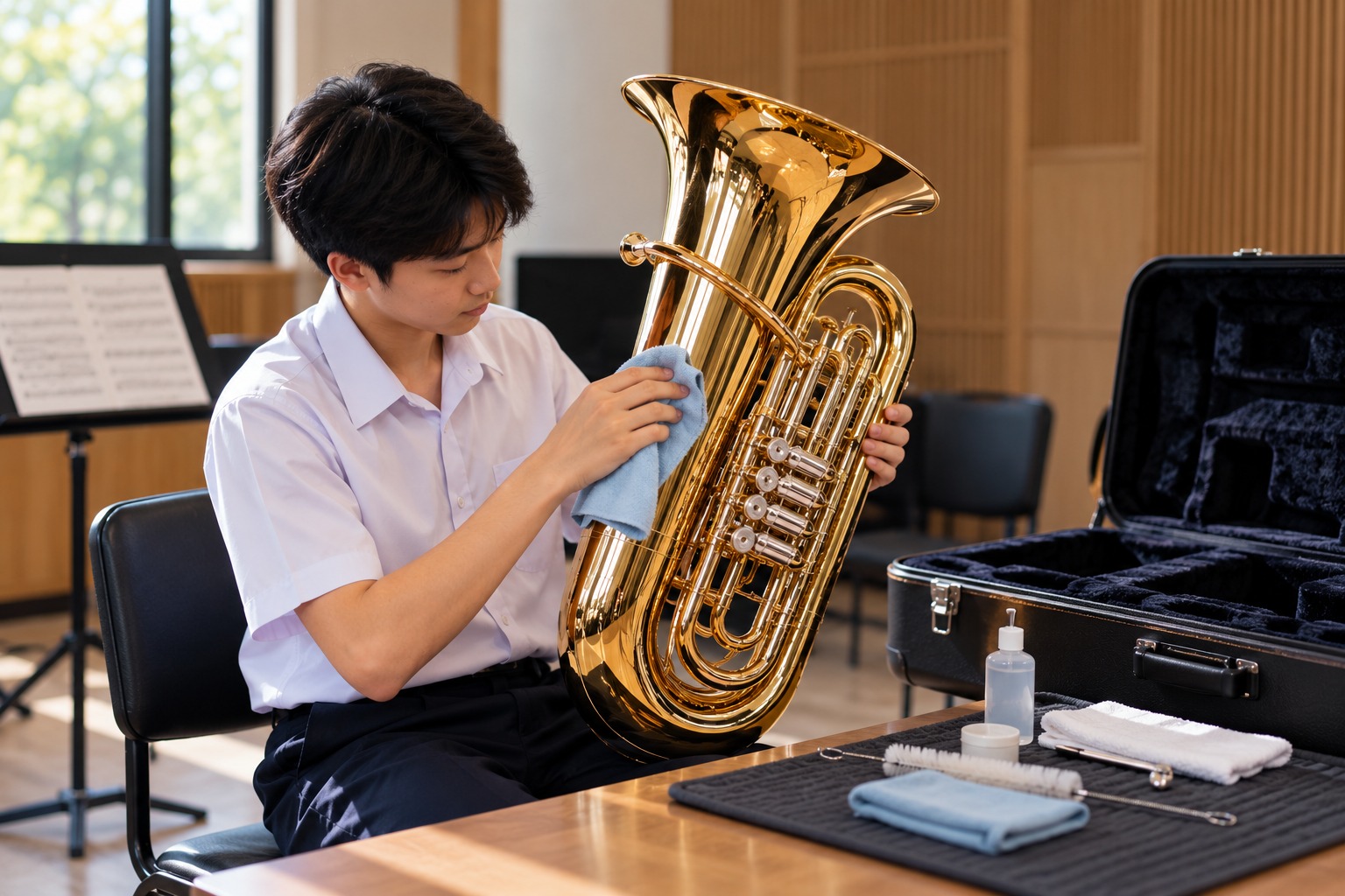 student cleaning and caring for a large wind instrument after use