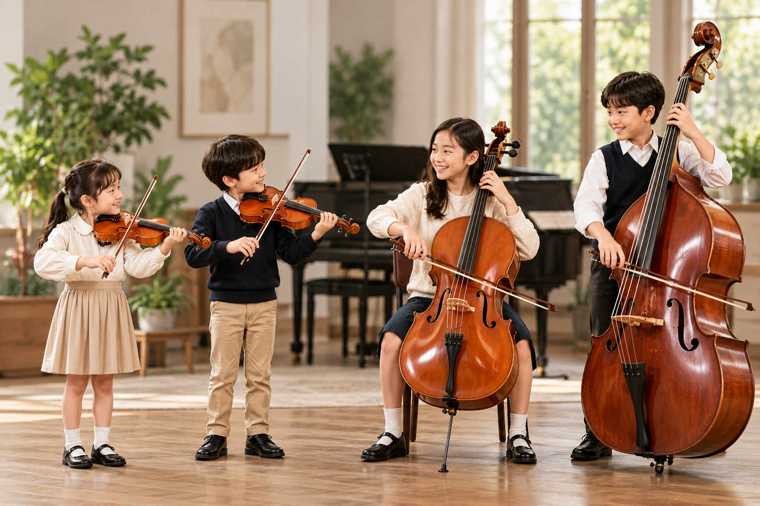 children trying different sizes of Violin, Cello and Double Bass