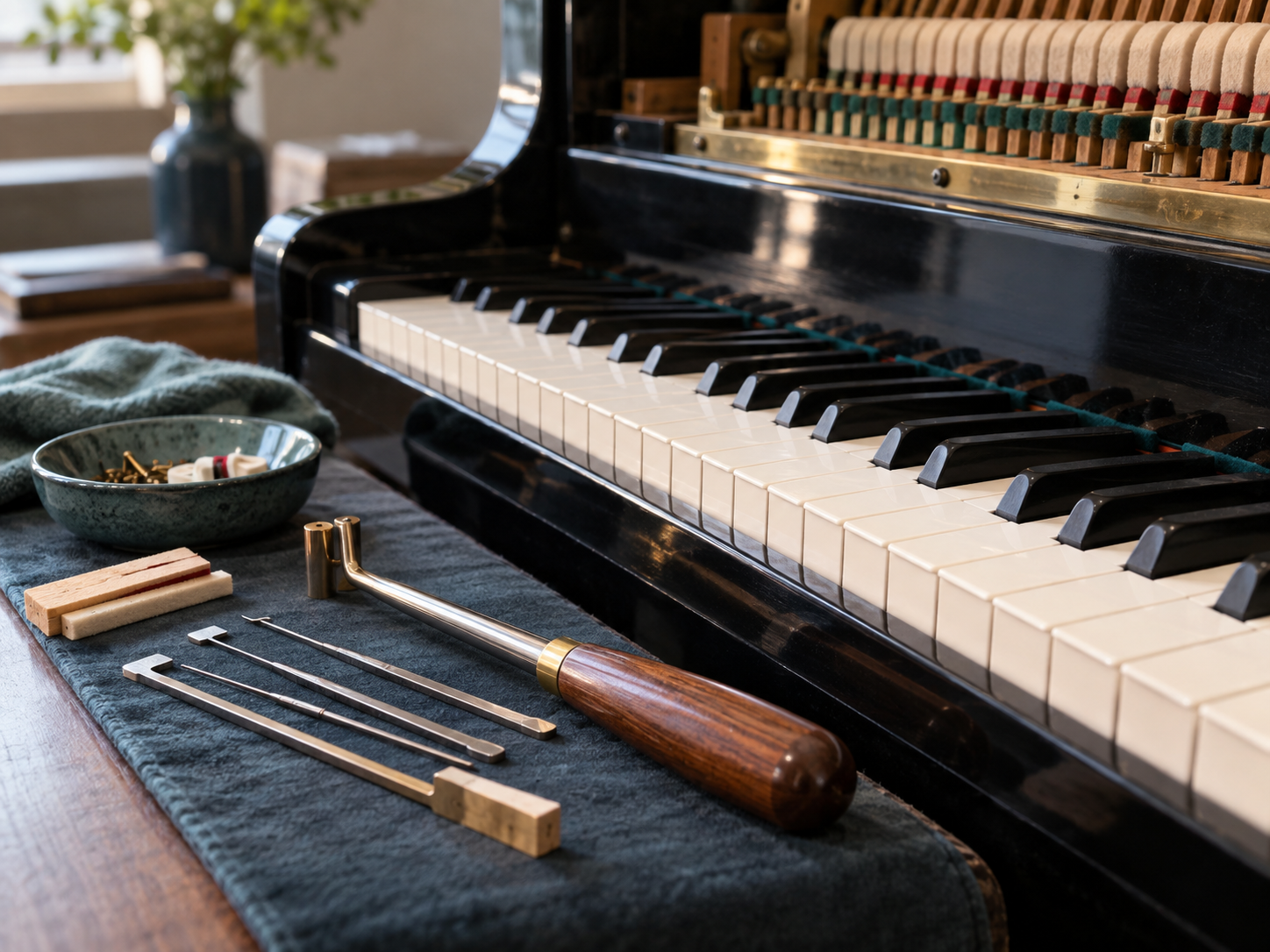 technician regulating the piano key action for consistent response