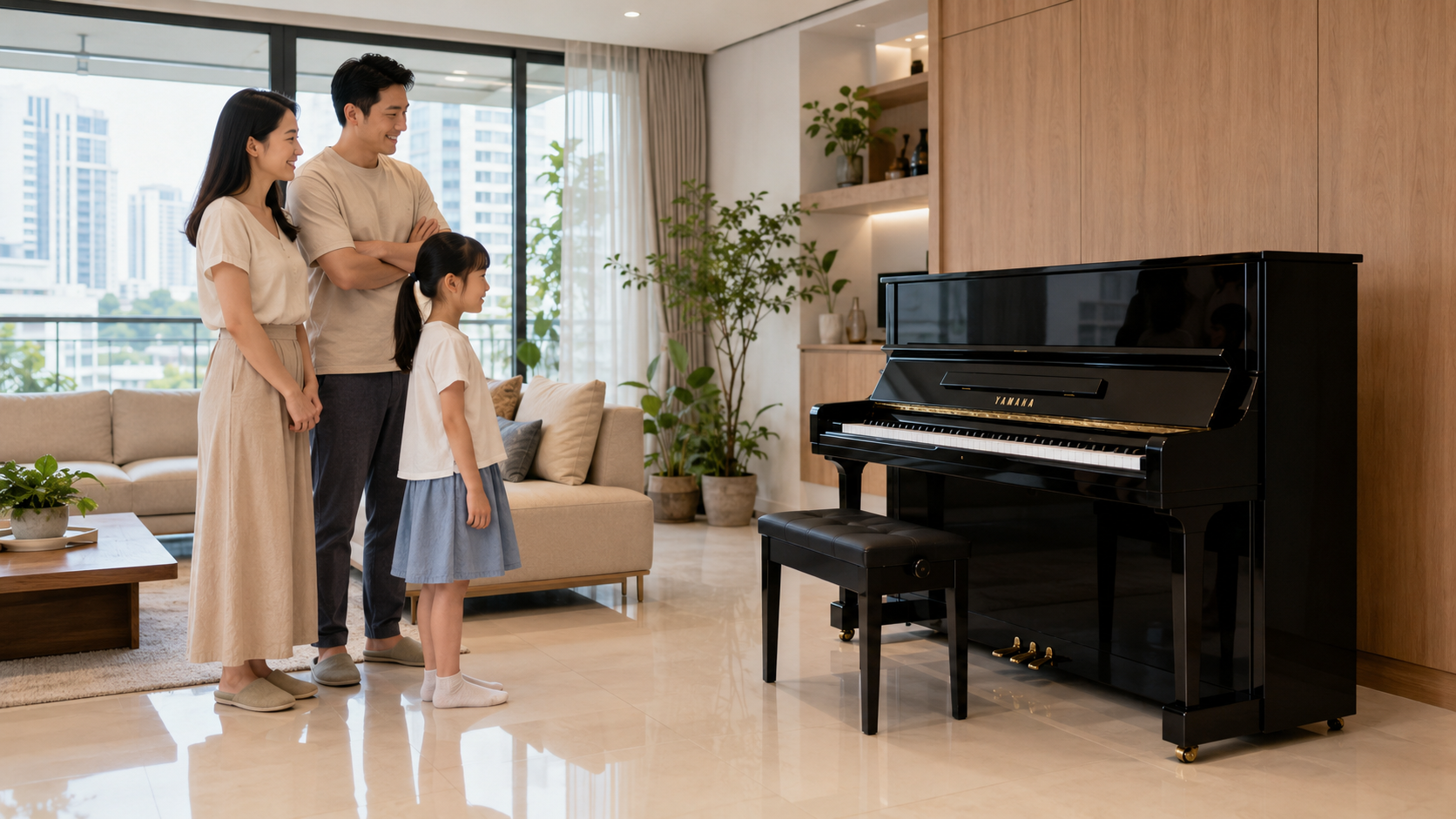 Child practising on an acoustic piano at home