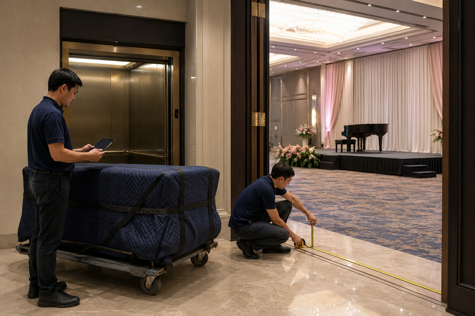Team assessing the access route and piano installation area inside an event venue