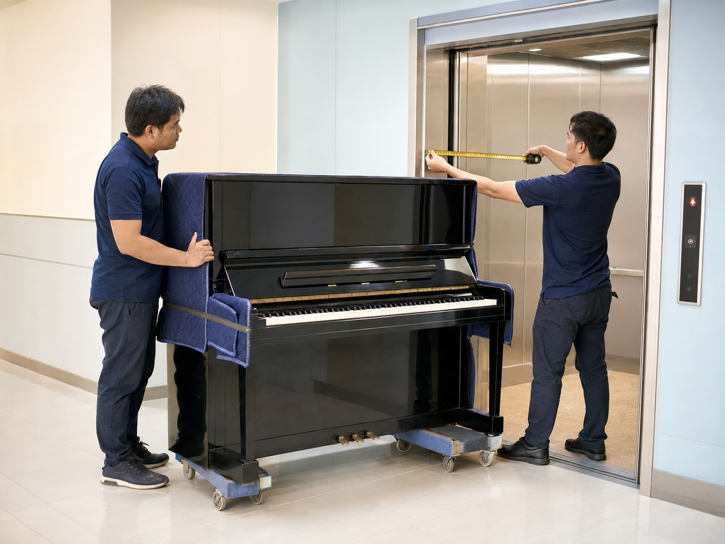 Piano delivery team checking a condominium lift and doorway