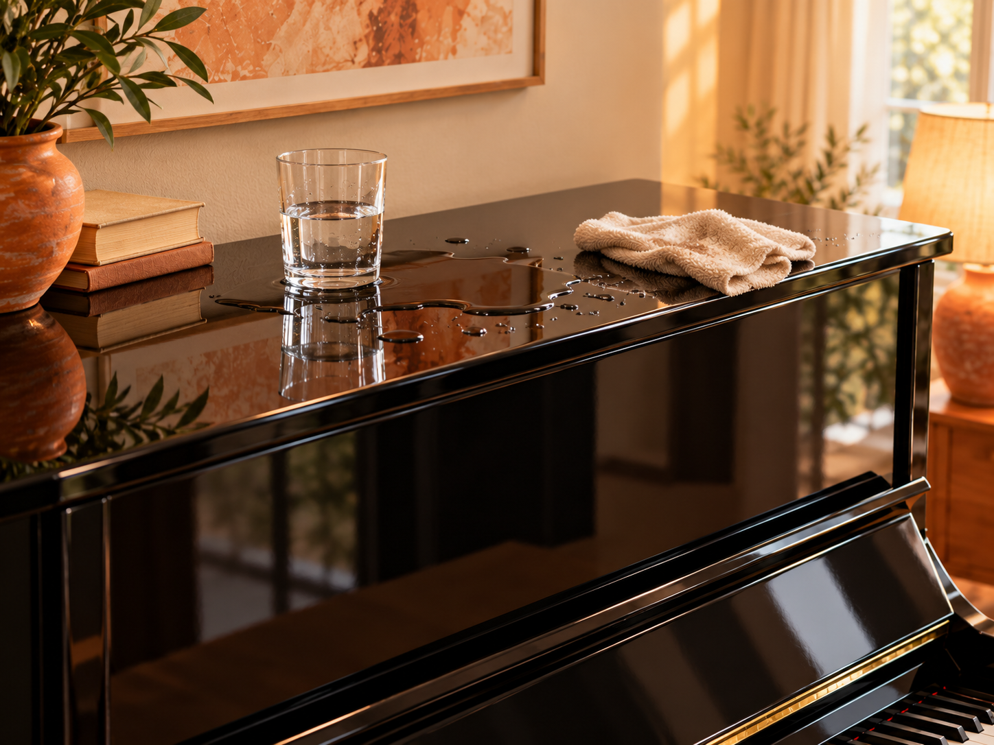 water spilled on the exterior surface of a tall upright piano