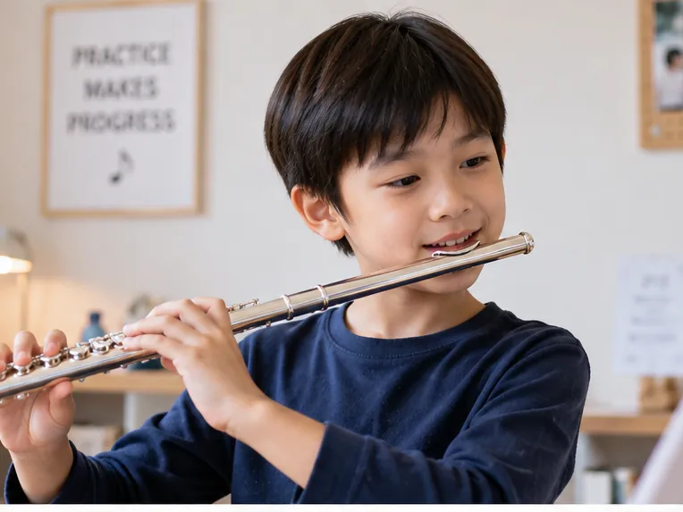 beginner practicing a personal musical instrument at home