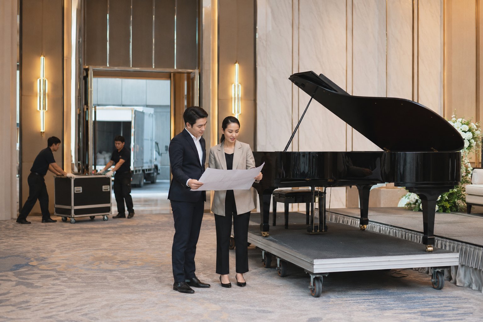 Wedding planner checking the Grand Piano transport route and indoor placement at a hotel