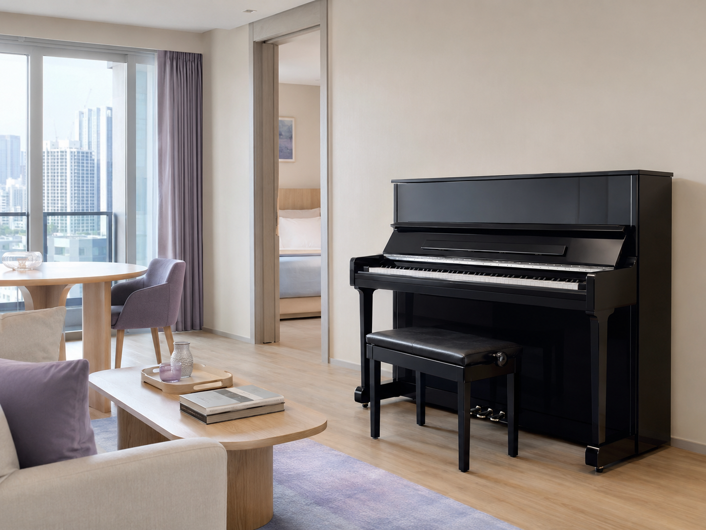 Upright piano positioned correctly inside a condominium