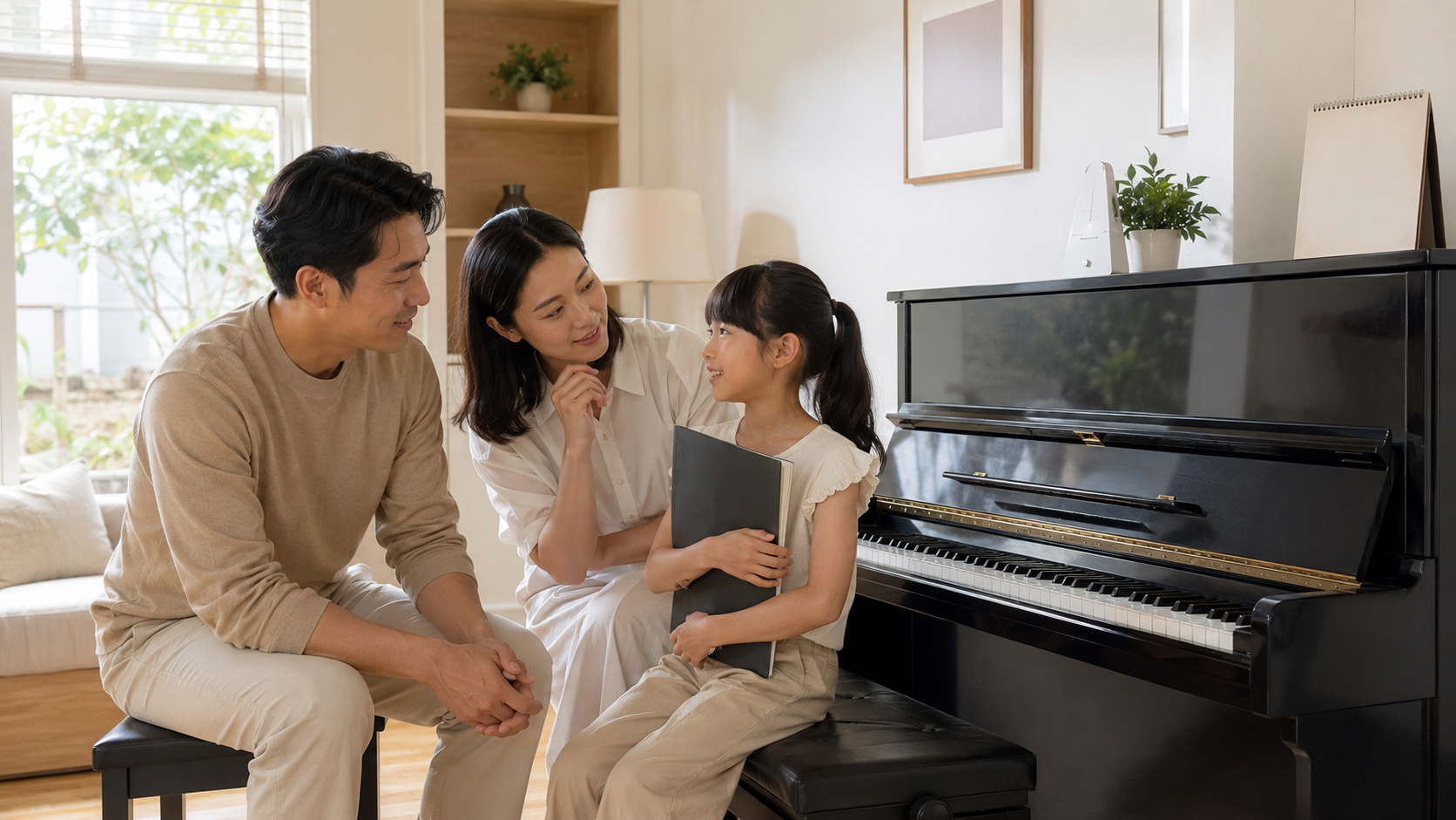 A parent reviewing progress and consulting a piano teacher before buying