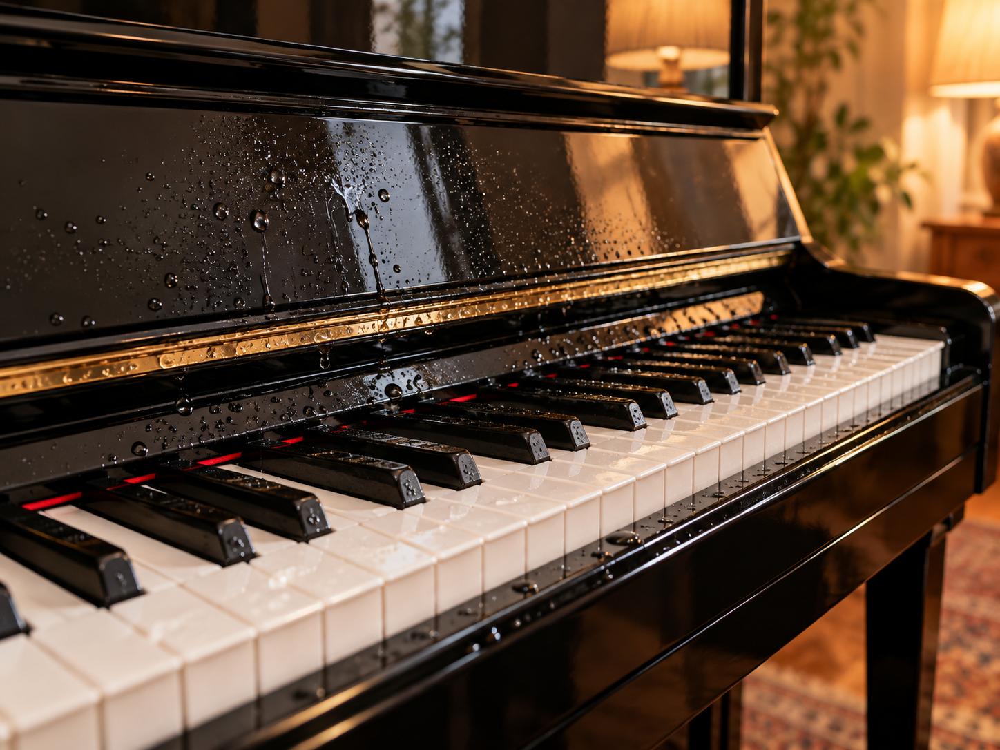 water and moisture around the key gaps of a tall upright piano