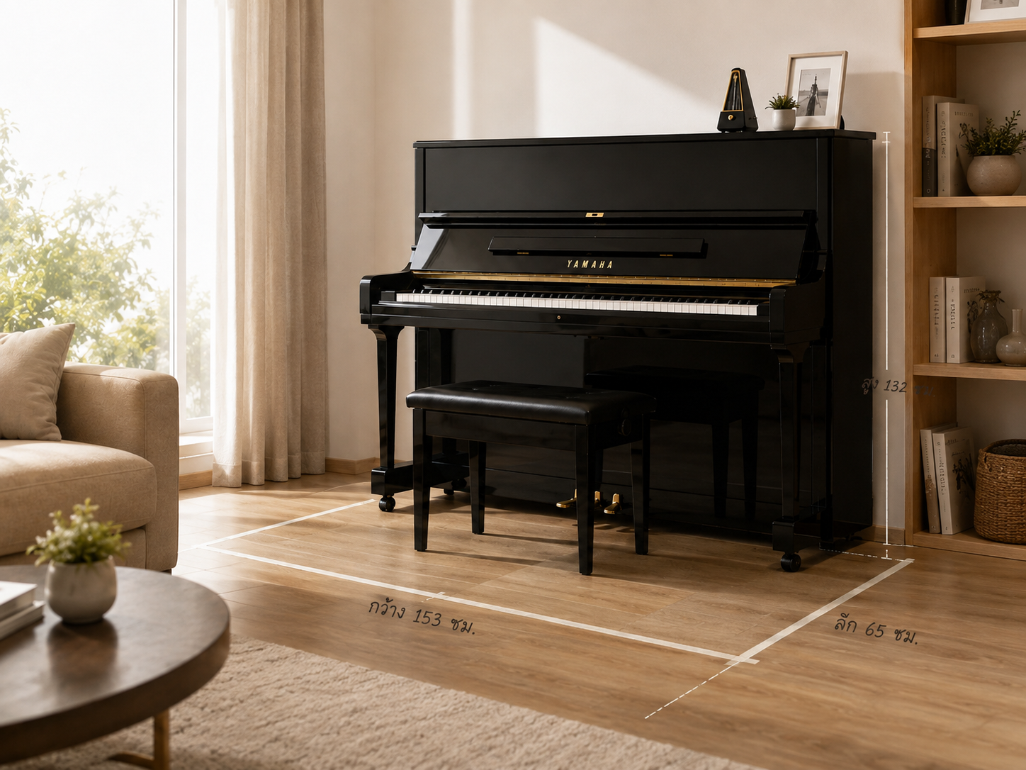 Example of measuring space for an Upright Piano including room for the bench and player