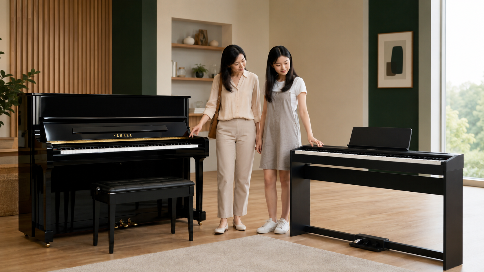 Beginner comparing an acoustic piano with a budget digital piano