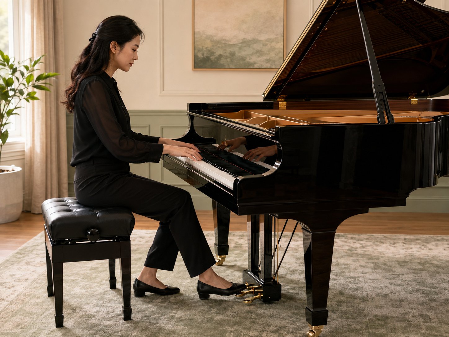 Yamaha Reconditioned Grand Piano ready for testing touch, tone and pedal response