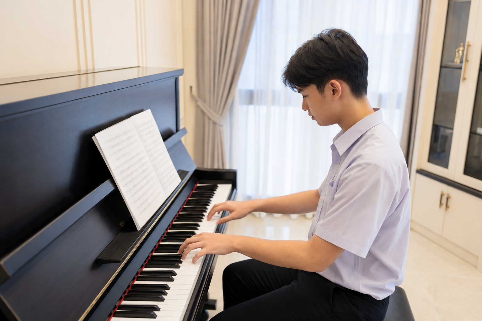 Student practising on an acoustic piano for an ABRSM Practical Exam