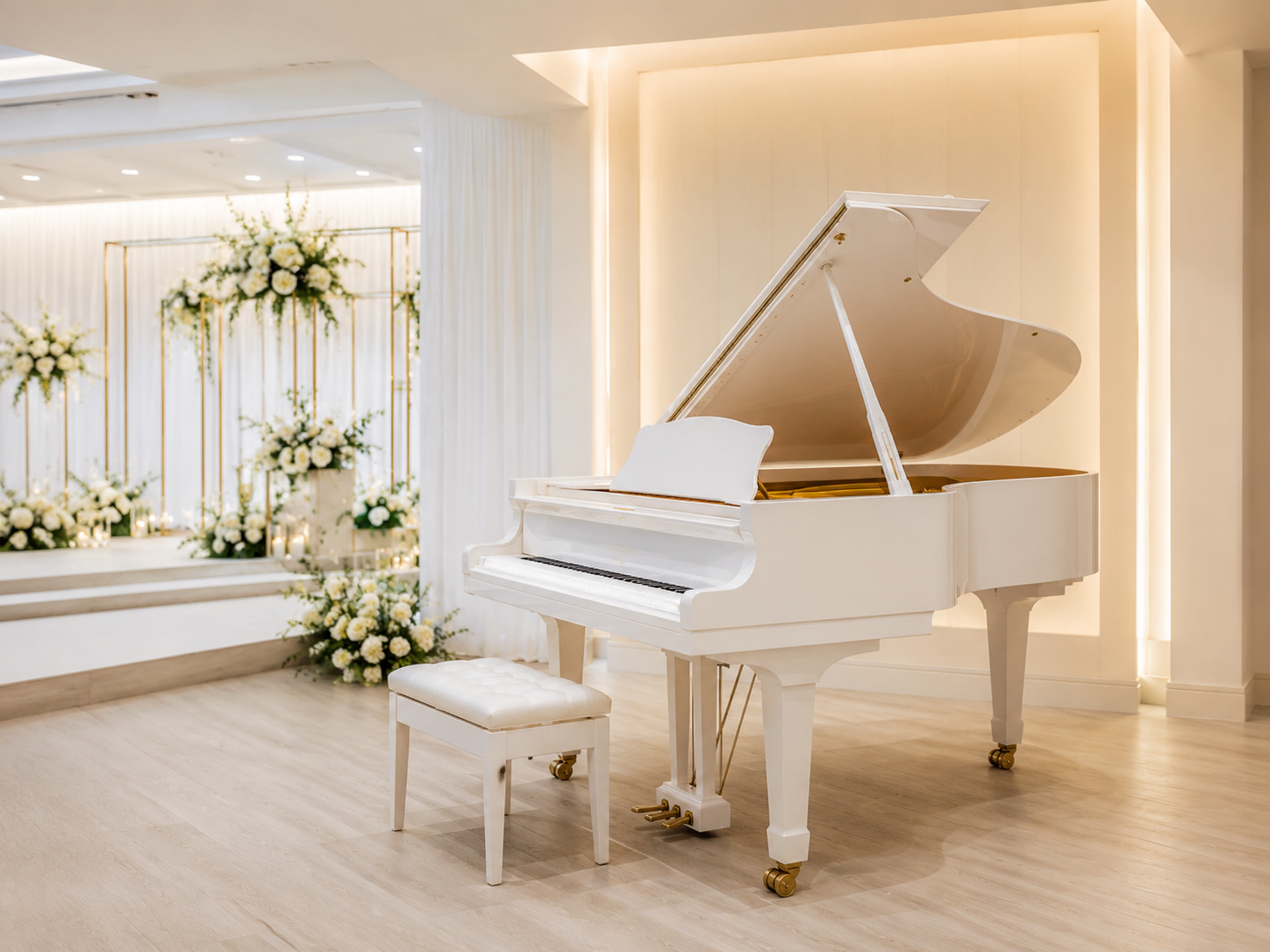 White piano installed indoors with suitable access for wedding event logistics