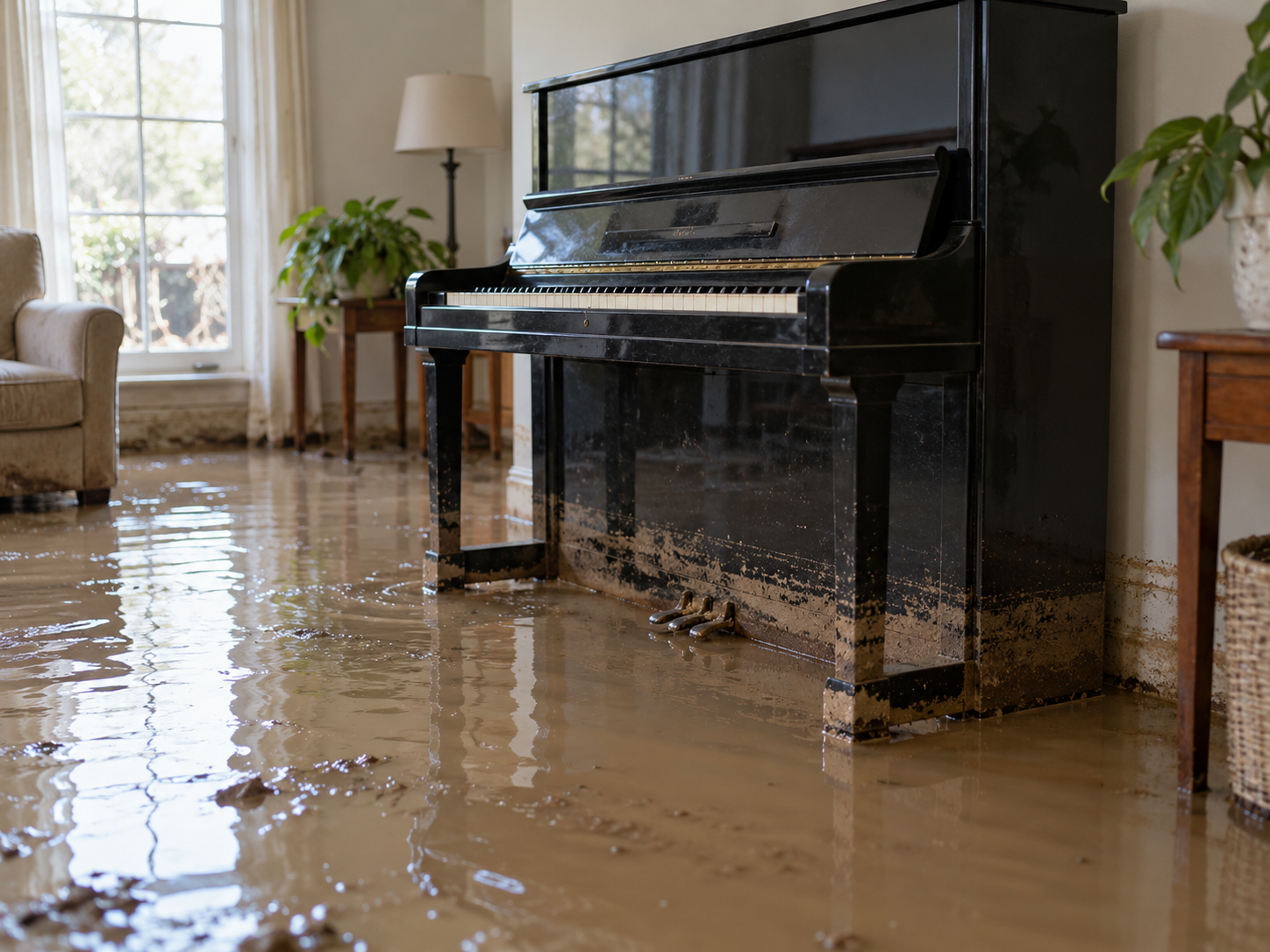 flooded upright piano with water around the lower part of the instrument