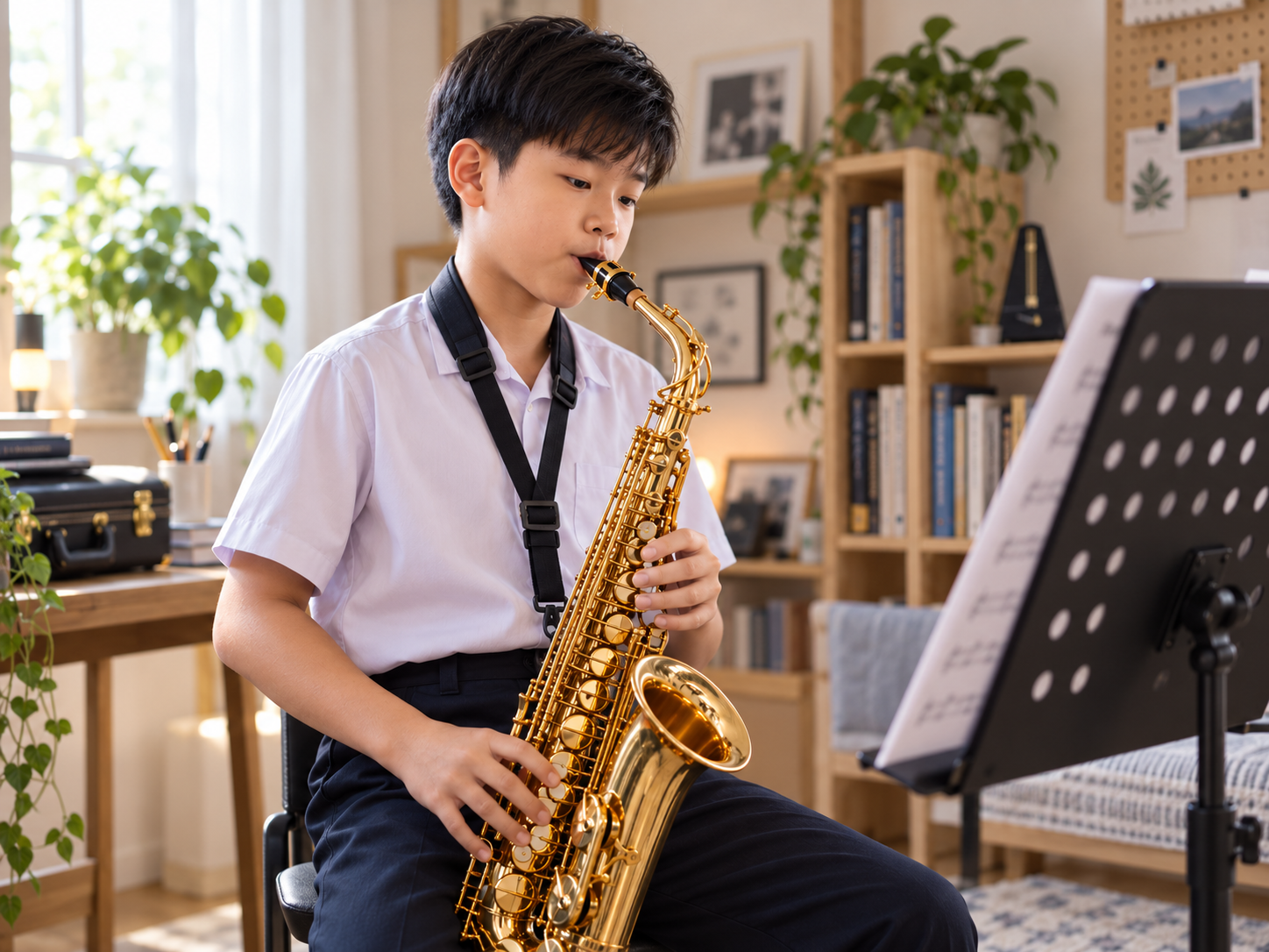 beginner practicing Alto Saxophone at home