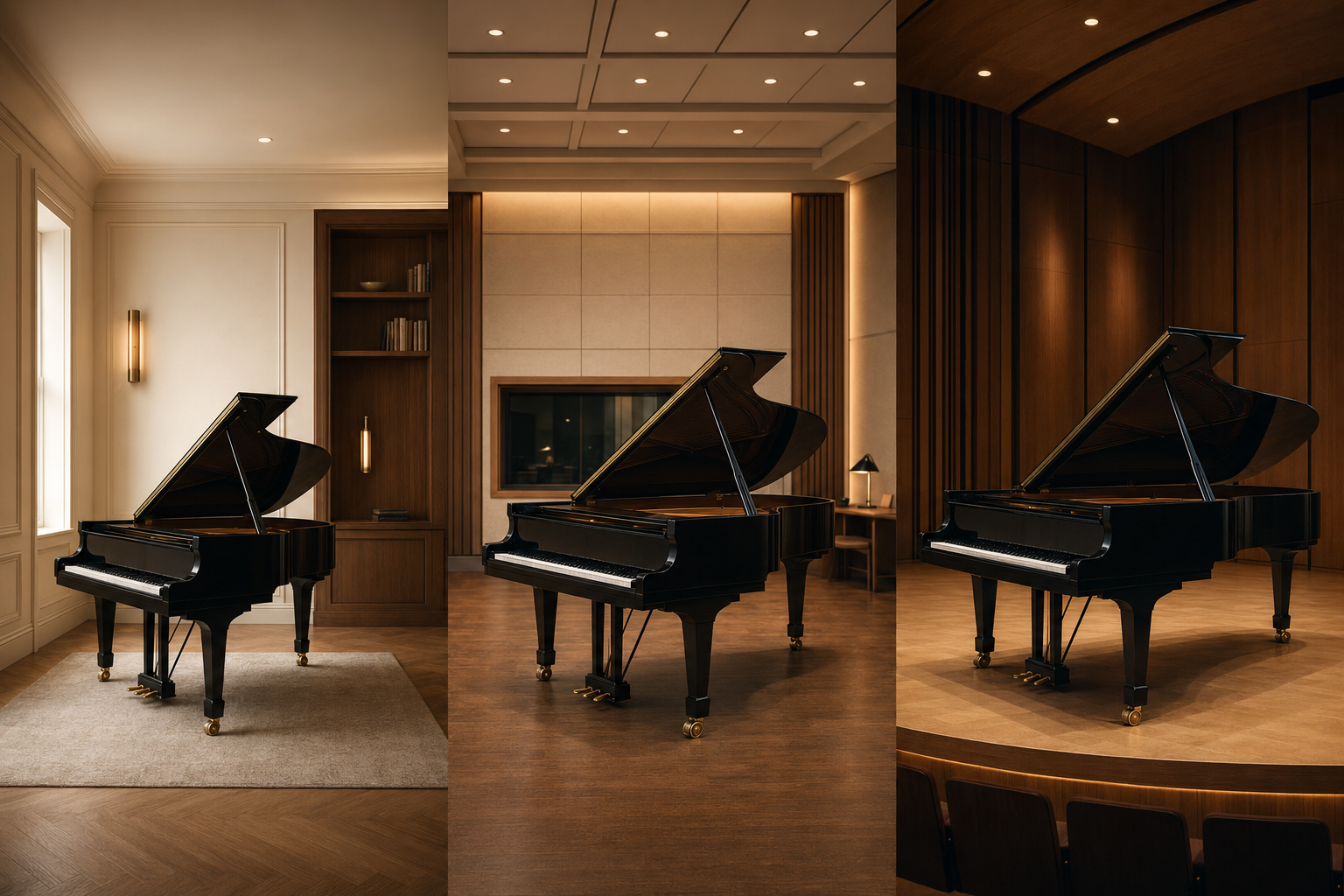 Used Yamaha C3 C5 and C7 grand pianos compared in a showroom