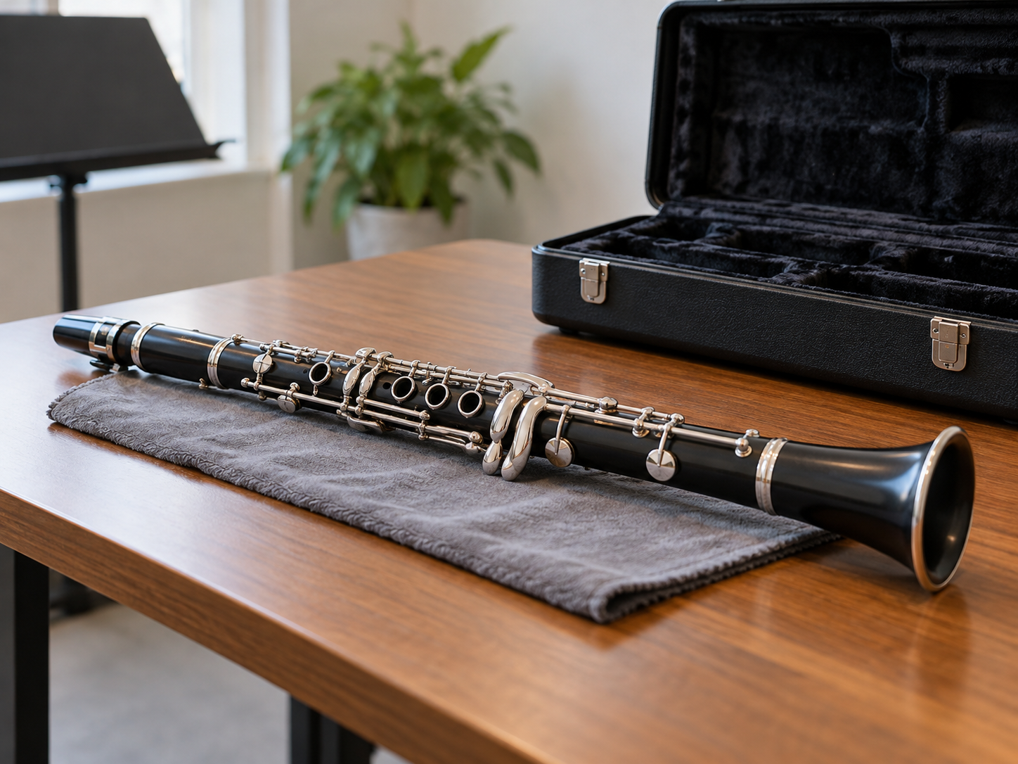 Clarinet rental instrument stored safely while waiting for inspection
