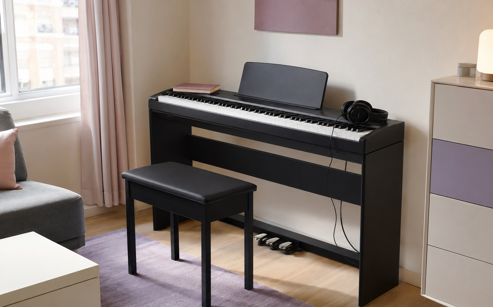 An 88-key digital piano in a compact living space