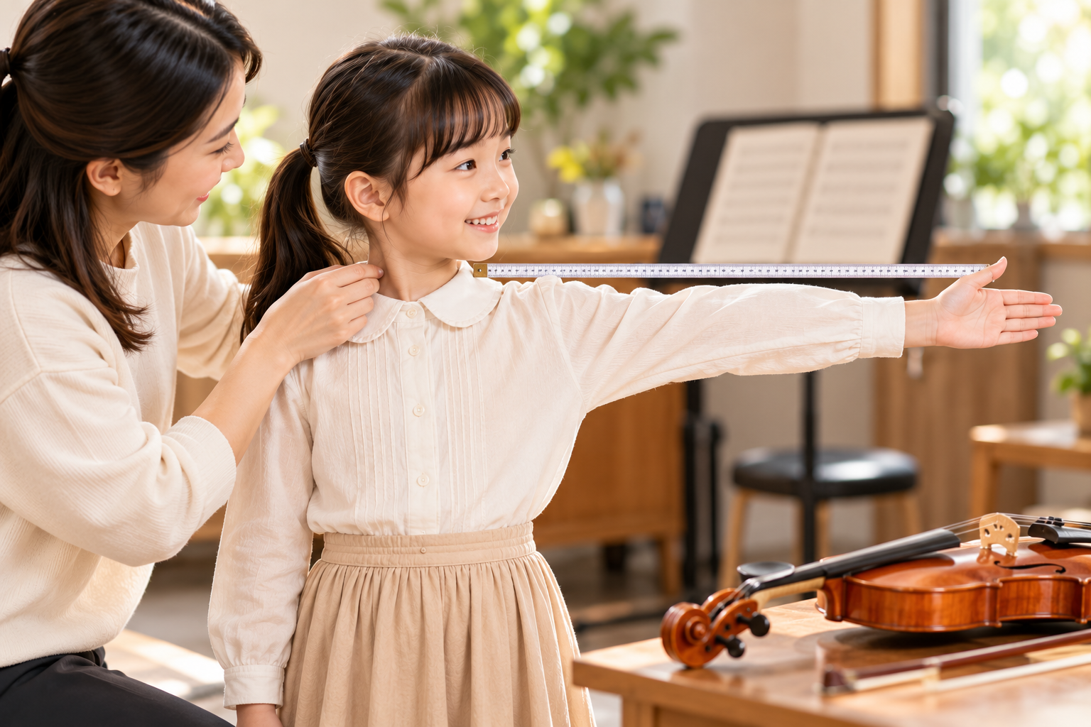 measuring a child's arm length from the neck to the palm for Violin and Viola sizing