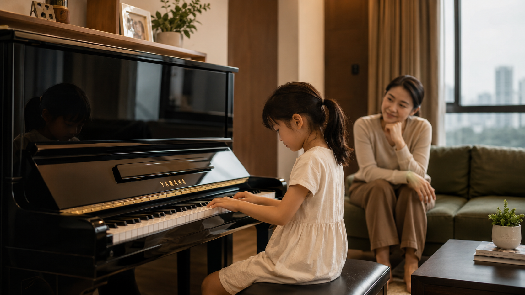 A beginner practising on a rental piano at home