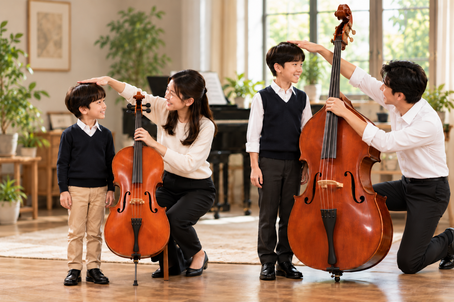 comparing children's height with a Cello and Double Bass to choose the correct instrument size
