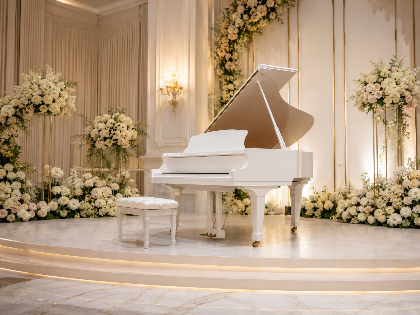 White Grand Piano for an indoor wedding ballroom or main stage