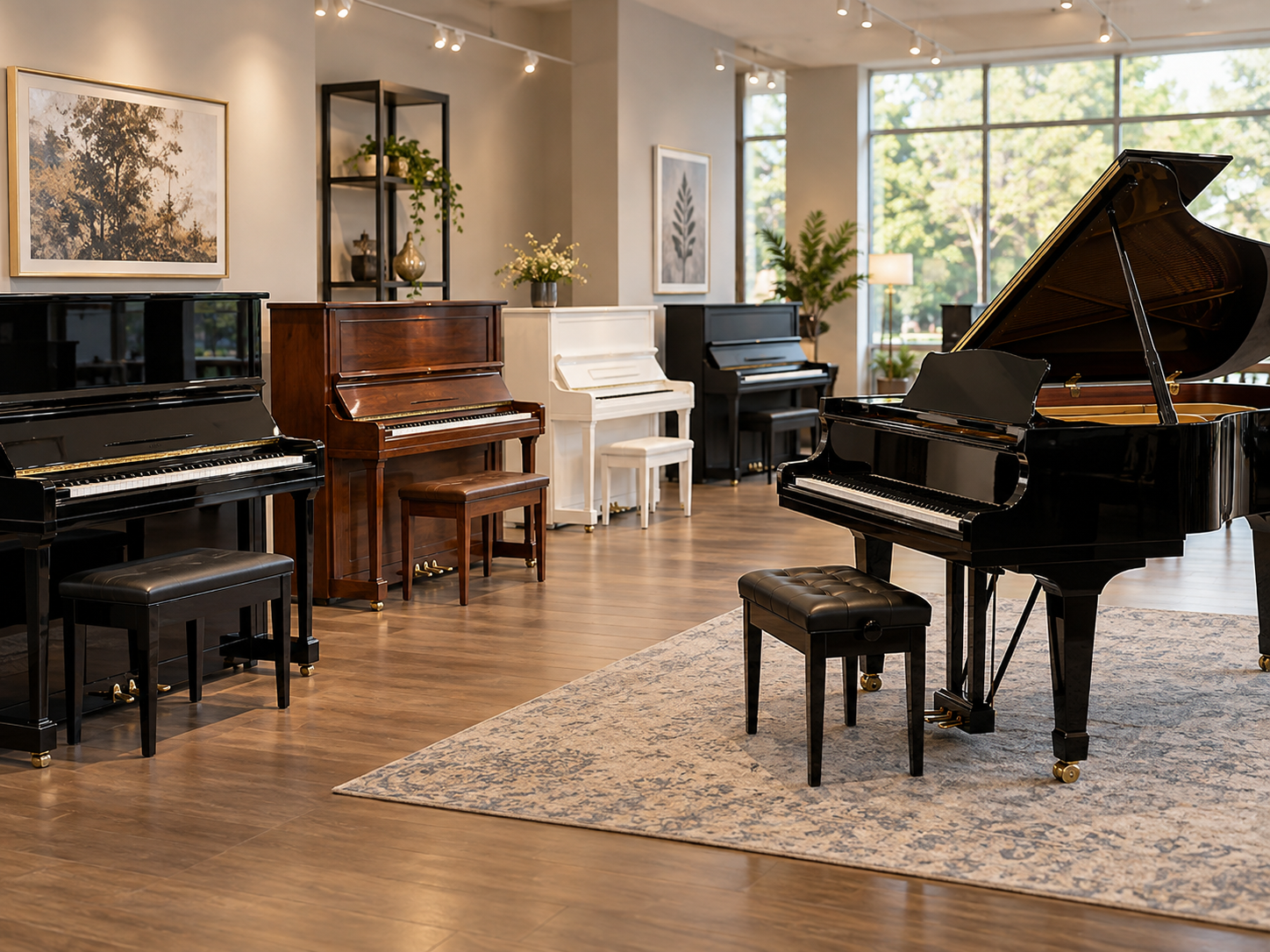 upright and grand pianos in a piano showroom for comparison