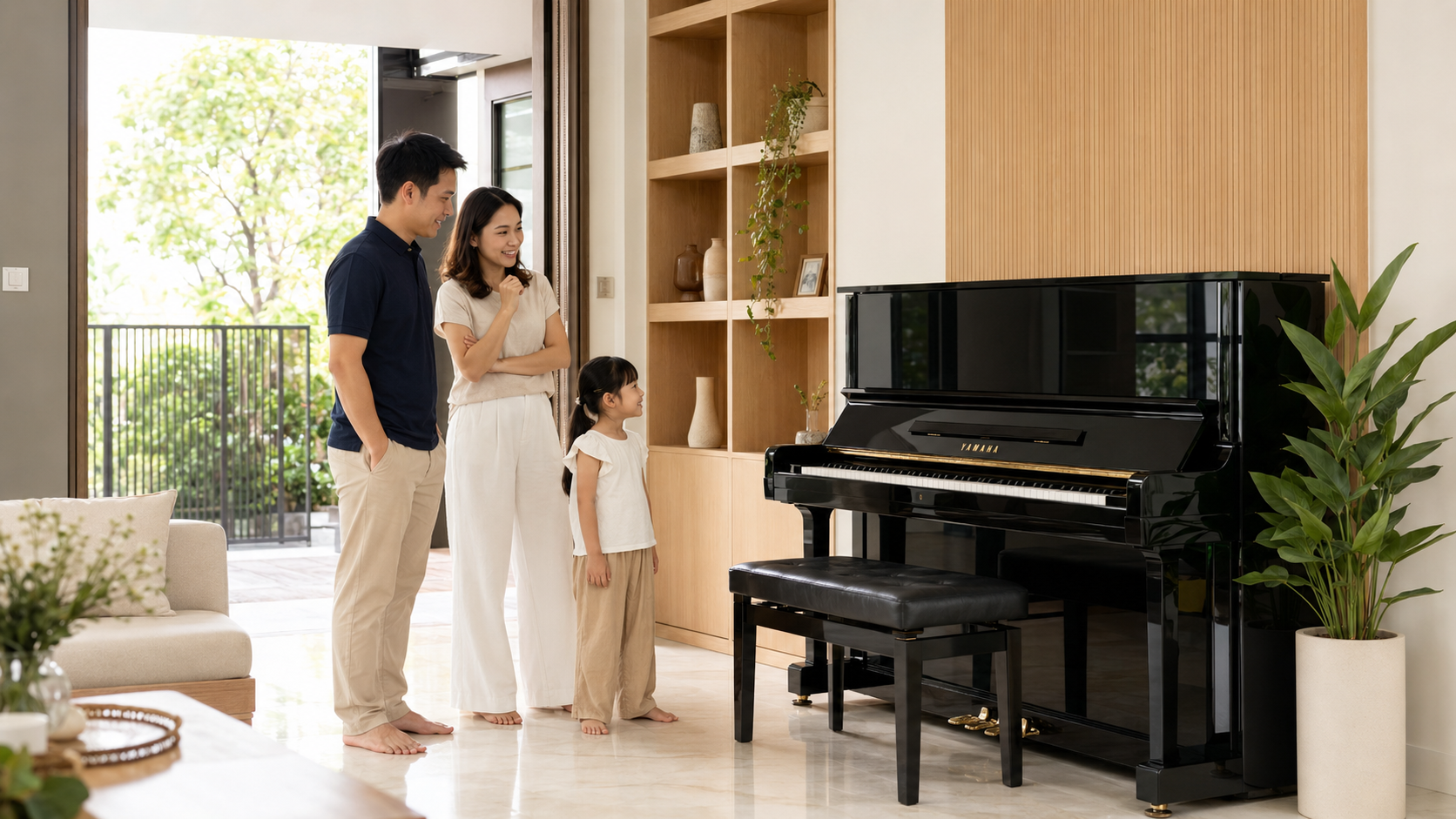 A professional team delivering an upright piano to a home