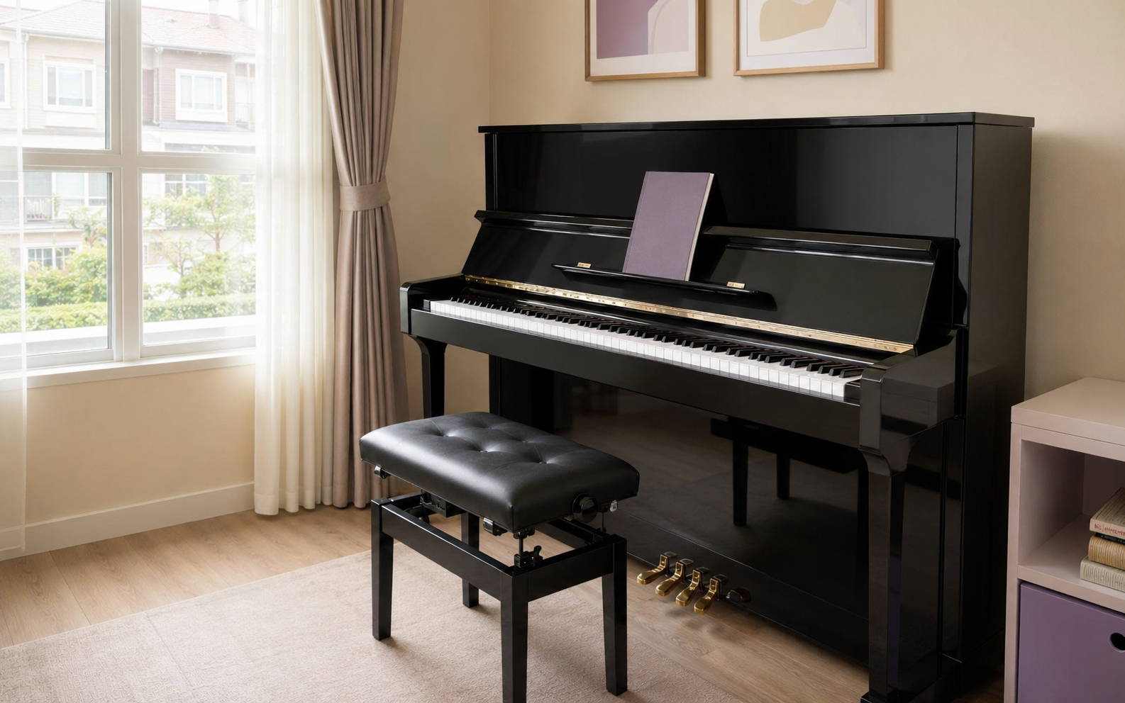 A child practising on an acoustic piano at home with suitable posture