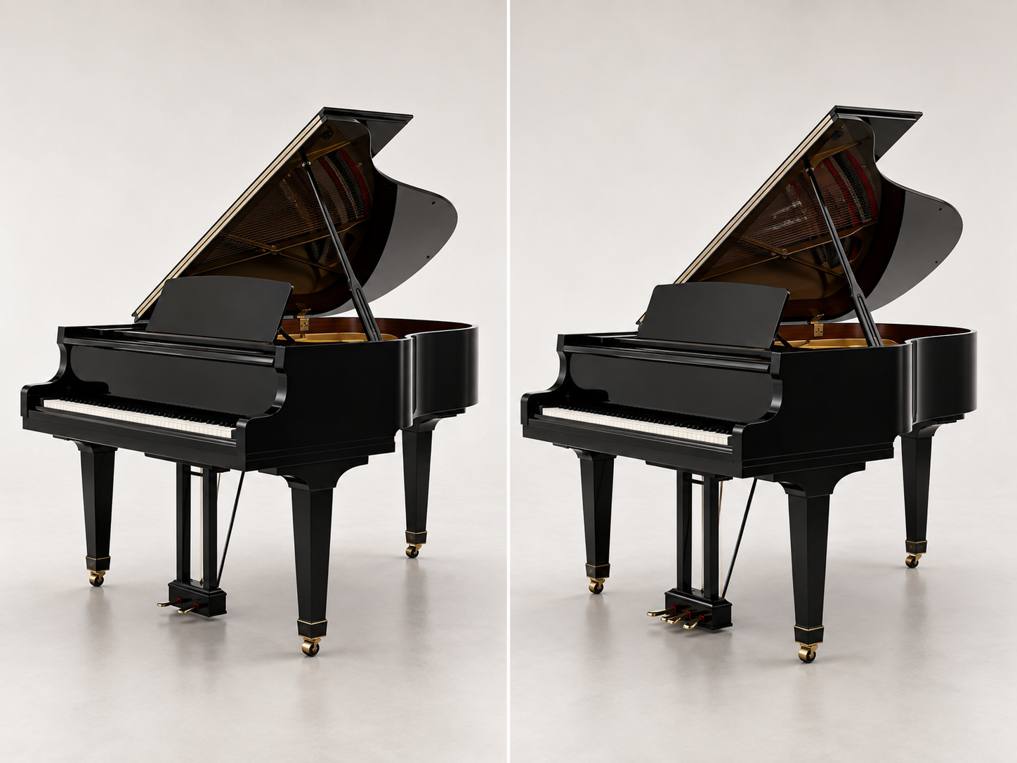 Comparison of two-pedal and three-pedal grand pianos