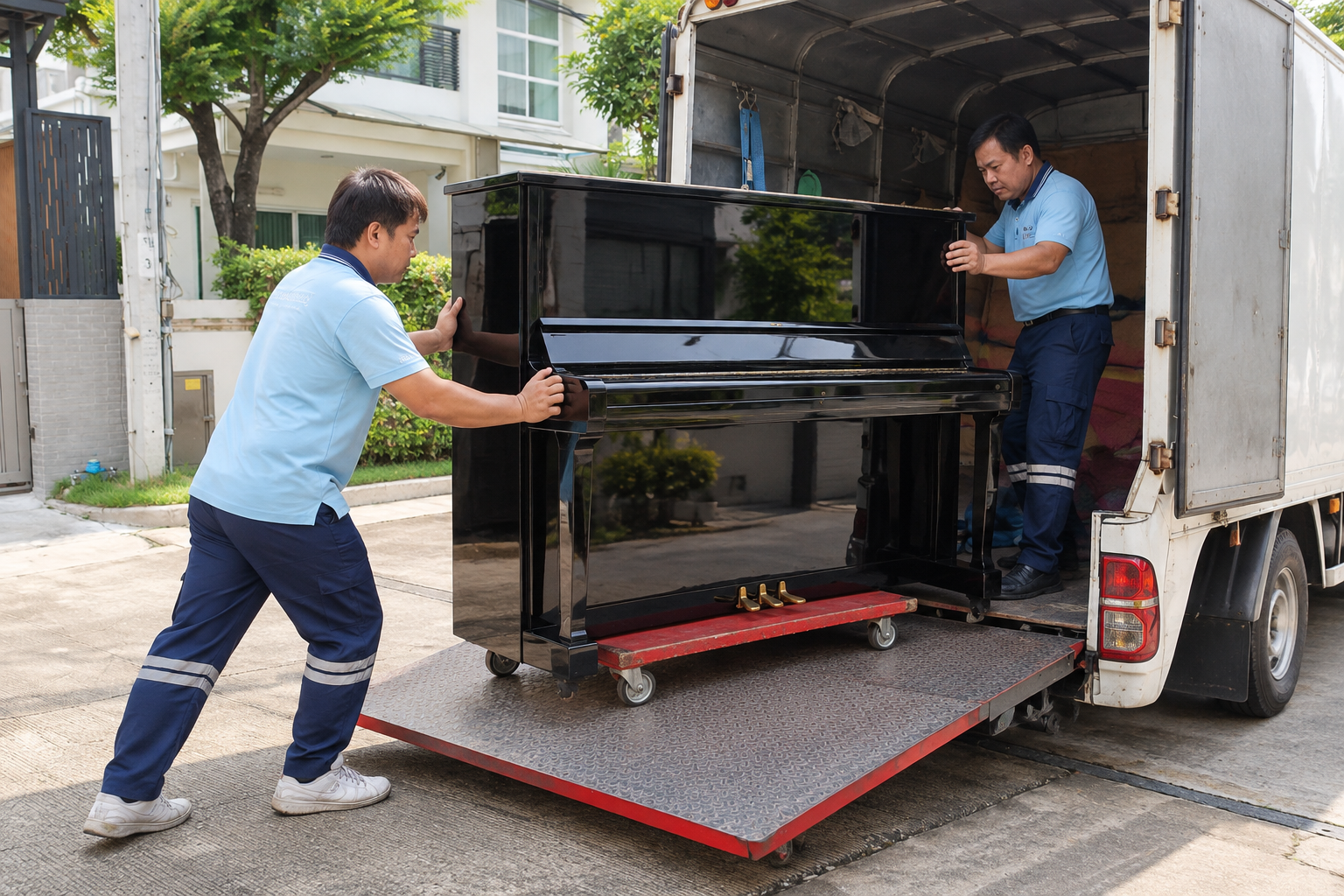 piano movers transporting an upright piano using a wheeled dolly