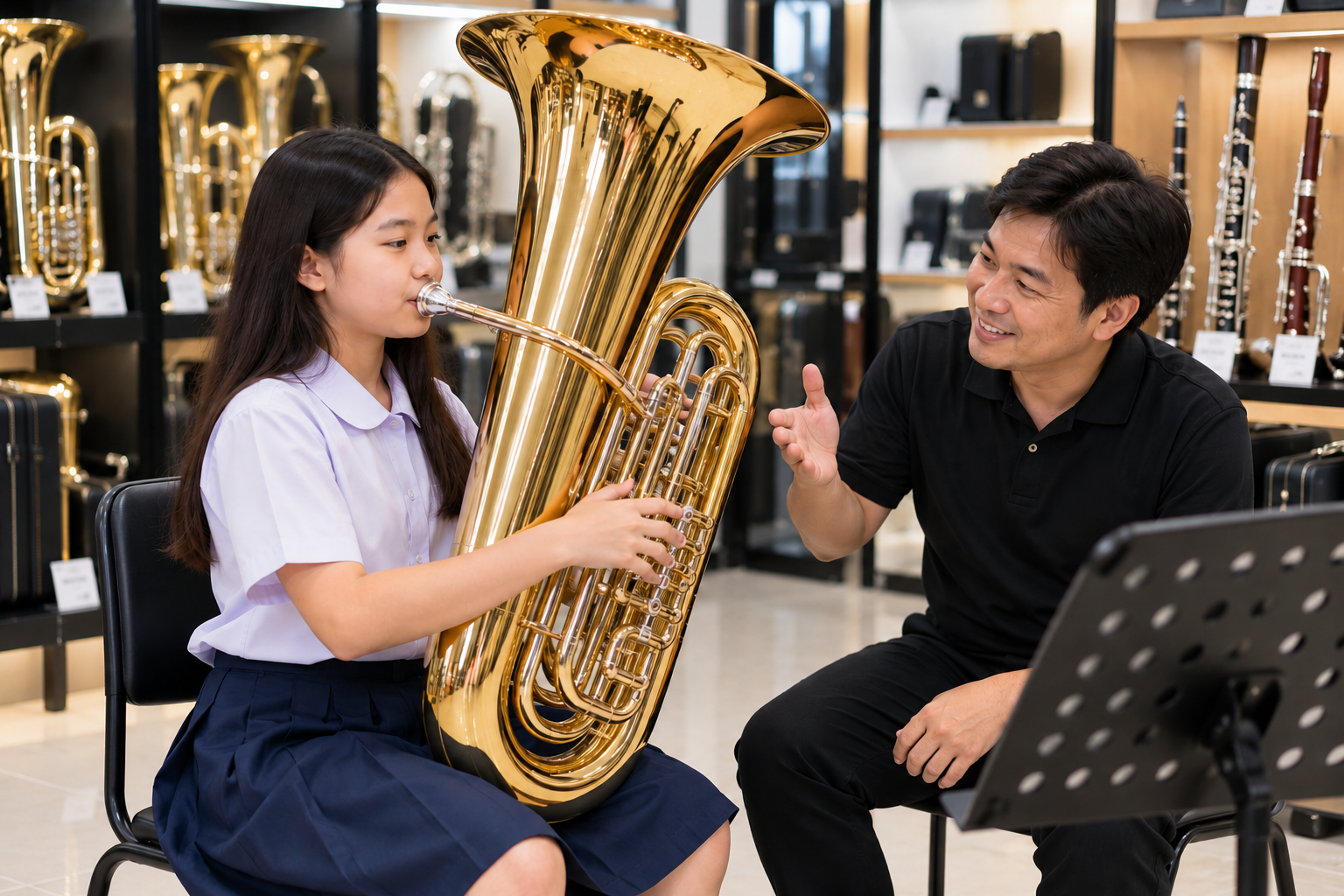 student trying a large wind instrument before deciding to buy
