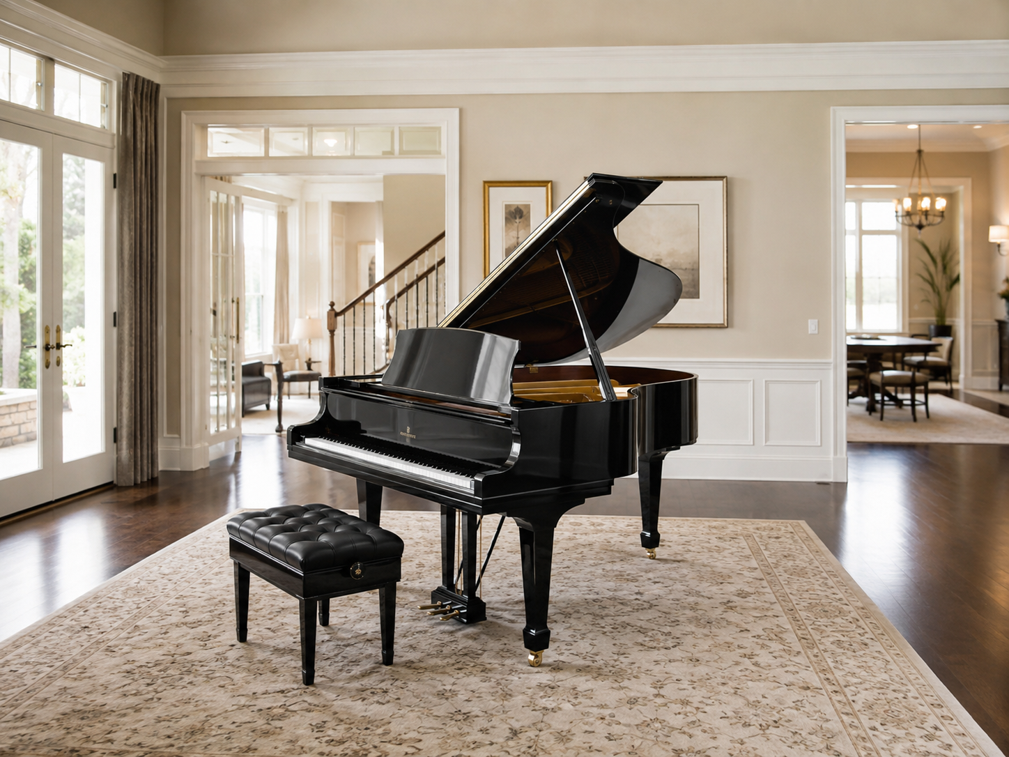 Used Grand Piano in a home showing room placement bench position and walking space before buying