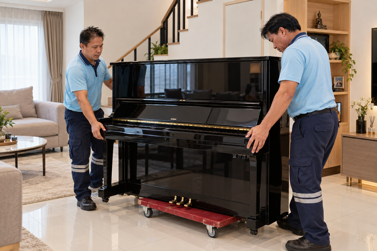 piano movers loading an upright piano onto the hydraulic lift system of an enclosed moving truck