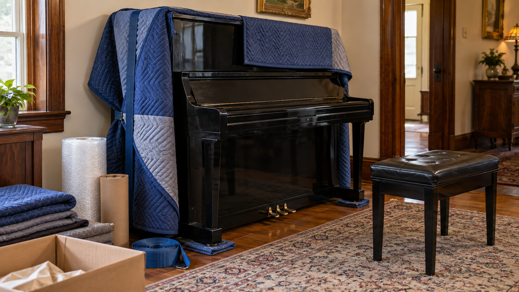 tall upright piano prepared for moving with protective moving materials