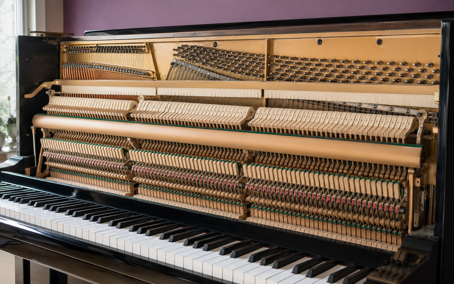 Internal acoustic piano mechanism undergoing inspection and regulation