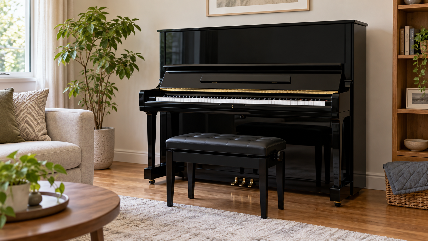 upright piano positioned properly at its new location and ready for inspection and tuning