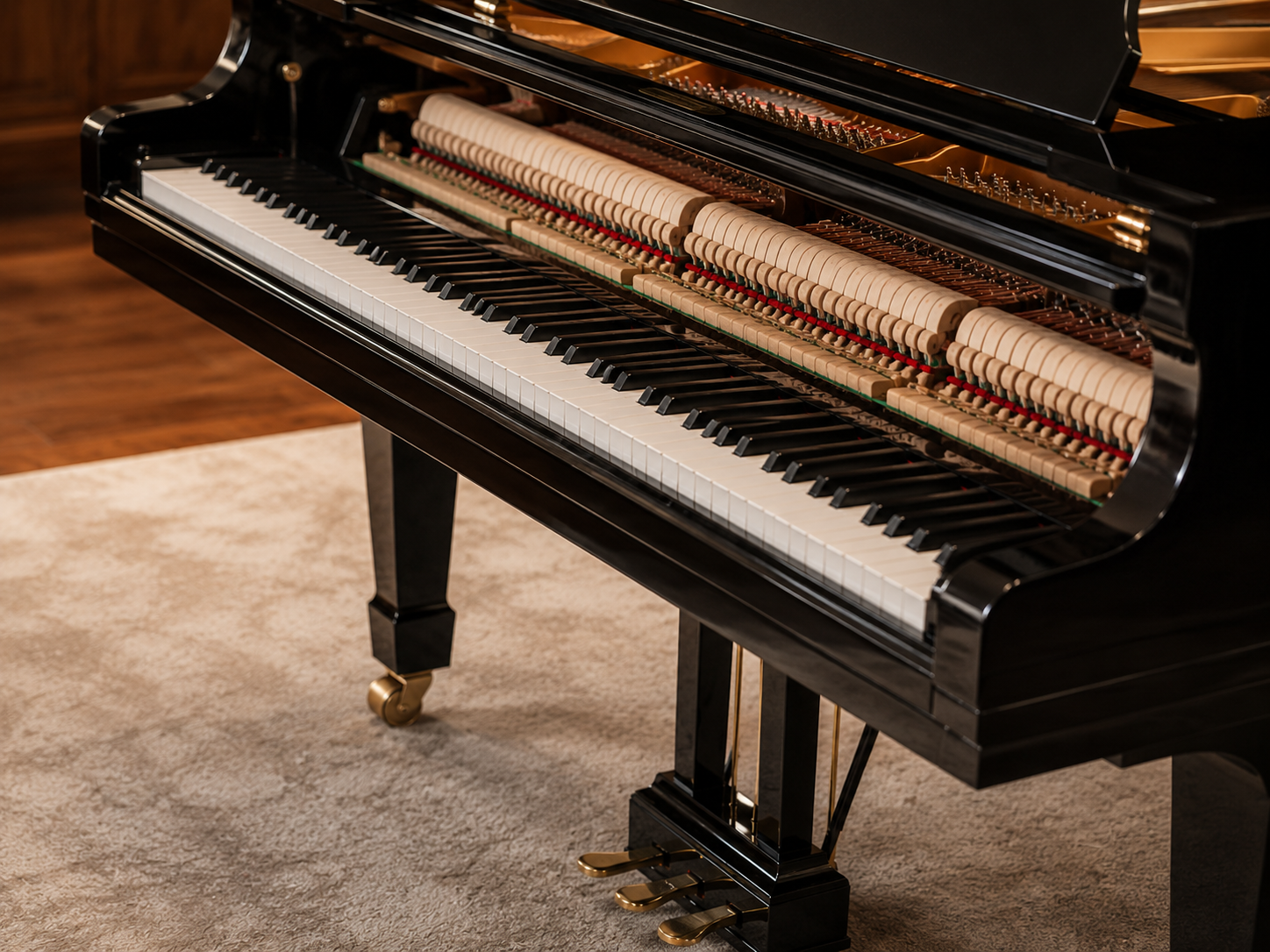 Used Grand Piano being inspected and reconditioned including structure keyboard action hammers and internal components