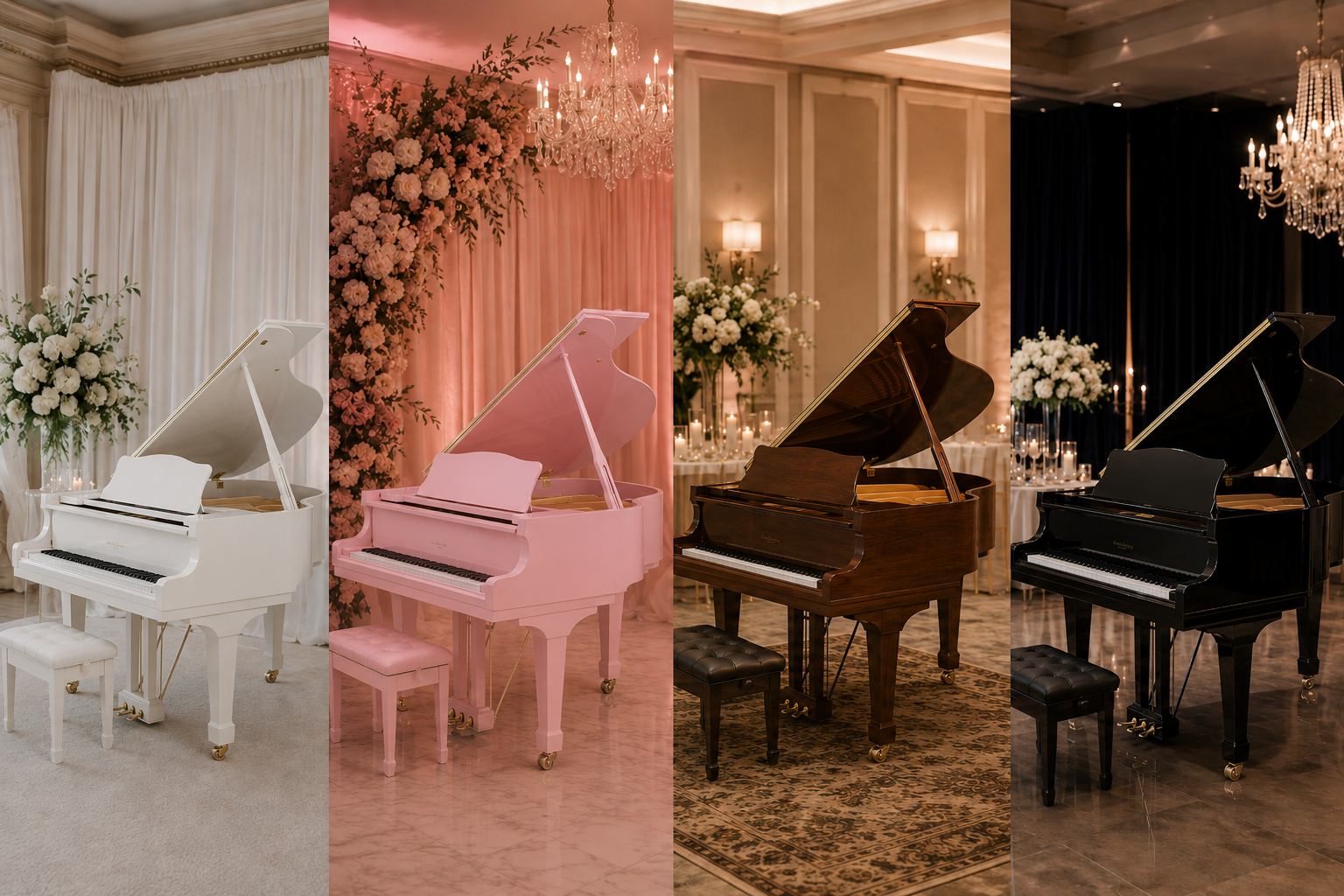 White, pink, walnut and black Grand Pianos for weddings