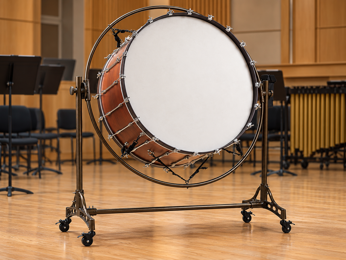 Marimba showing its size, frame, wheels, and setup space