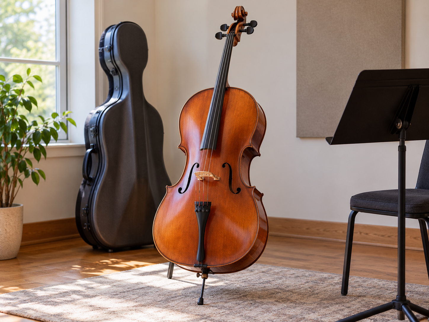 Cello rental instrument stored safely while waiting for the service team